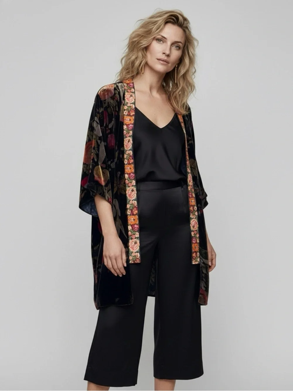 JOHNNY WAS PETITE KEHLANI REVERSIBLE FLORAL VELVET/SILK KIMONO EMBROIDERY BOHO